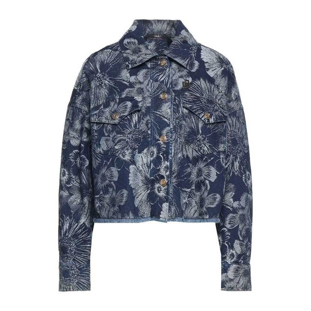 CARLA G. floral design blue denim long sleeves jean jacket